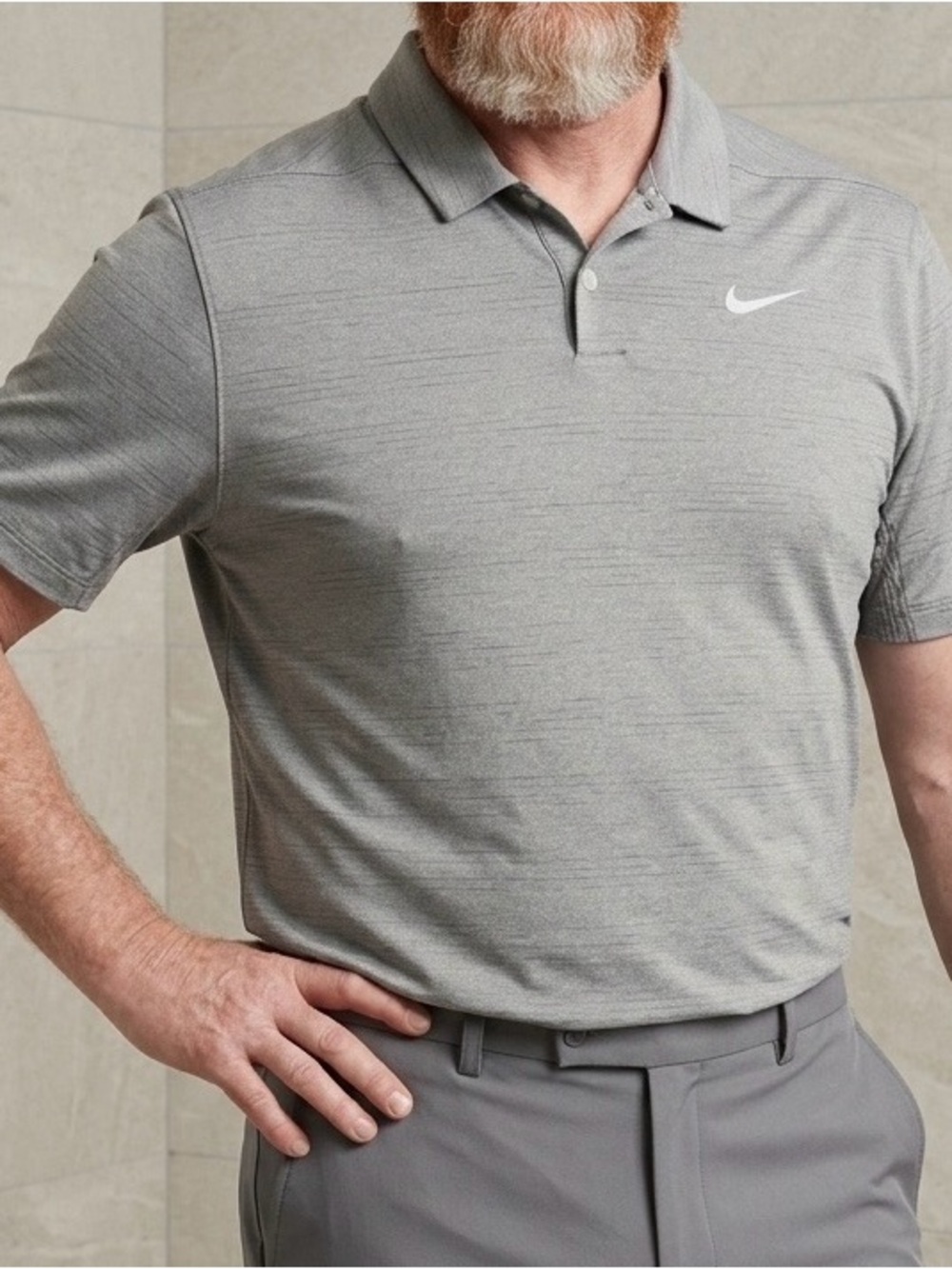 MEN'S NIKE GOLF DRI-FIT SHIRT SZ XL GRAY W/SUBTLE PINSTRIPE PATTERN SHORT SLV